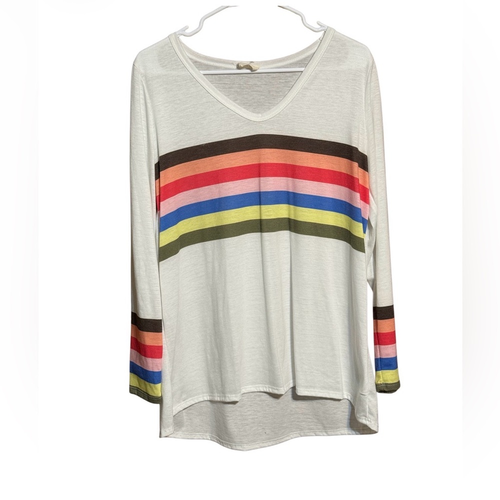 BiBi Rainbow Stripe V Neck Long Sleeve Top Cream Boho Relaxed Medium - Picture 2 of 3